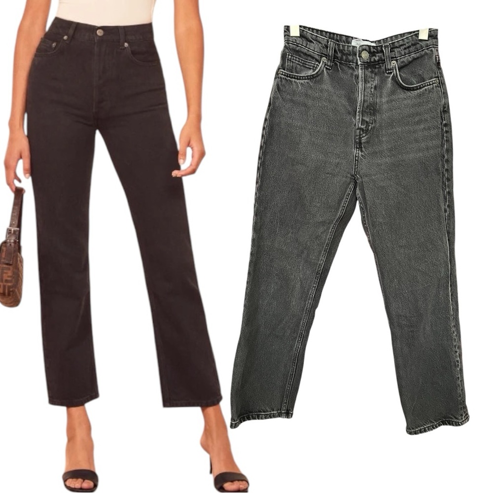 Reformation Cynthia High Rise Straight Jeans Petite Seattle Grey Black Washed